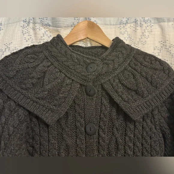 EUC - Aran Crafts 100% Merino Wool Cable Knit Sweater Coat (Charcoal Gray) - Picture 3 of 12